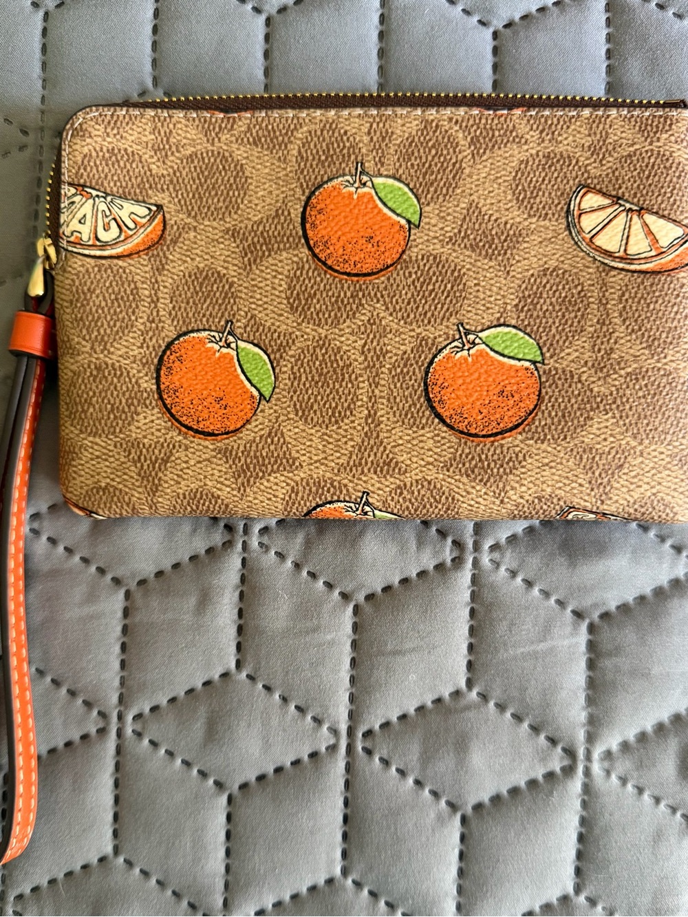 Coach Brown Signature Wristlet with Orange Fruit Print